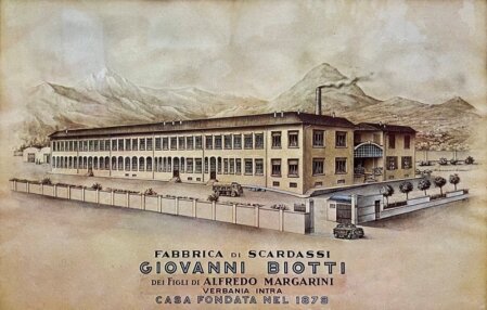 Illustrazione storica della fabbrica Giovanni Biotti a Verbania, specializzata in macchinari per l’industria tessile, fondata nel 1879.