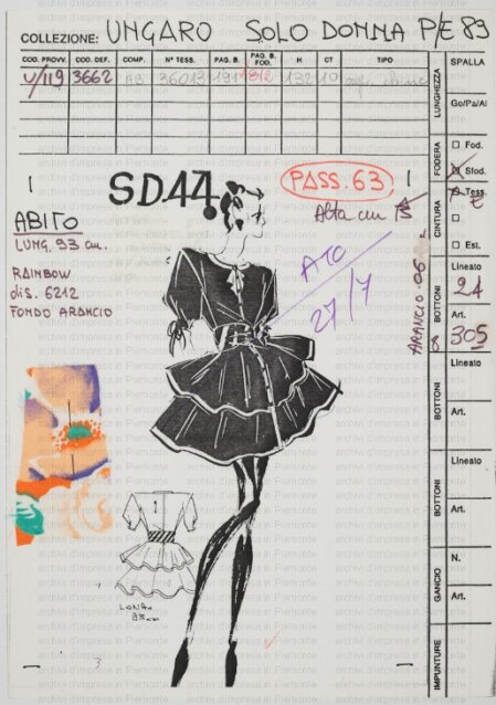 Scheda tecnica dell’abito SD44 per Ungaro, collezione Solo Donna P/E 1983 del Gruppo Finanziario Tessile, con figurino, dettagli sartoriali e campione di tessuto.