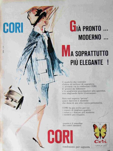 Manifesto pubblicitario vintage anni ’60 del marchio Cori, con illustrazione di donna in tailleur e slogan dedicato all’eleganza e alla modernità delle confezioni GFT.