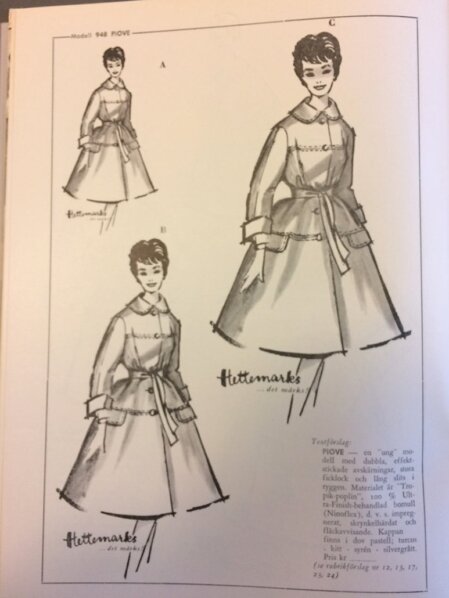 Disegni tecnici del modello 948 “Piove” di Hettemarks, cappotto femminile anni ’50 con dettagli sartoriali e descrizione del tessuto.