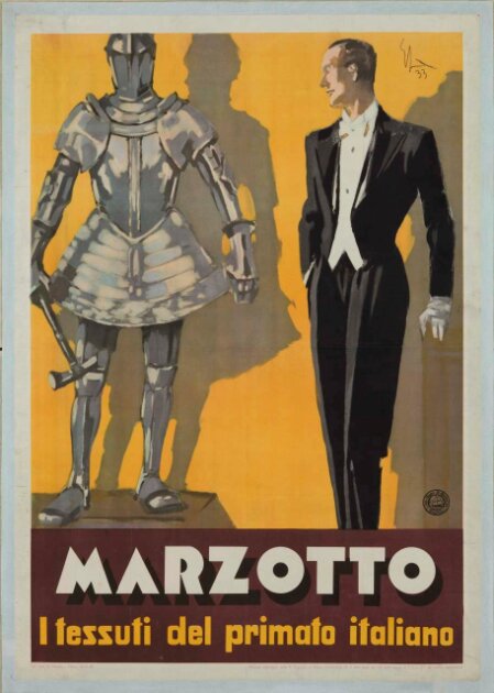 Manifesto pubblicitario Marzotto del 1933 con un uomo in smoking che osserva un’armatura medievale, accompagnato dallo slogan “I tessuti del primato italiano”.