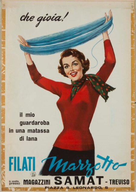 Manifesto vintage anni ’50 con donna che solleva una matassa azzurra di lana – pubblicità dei filati Marzotto, in vendita presso Magazzini Samat, Treviso.
