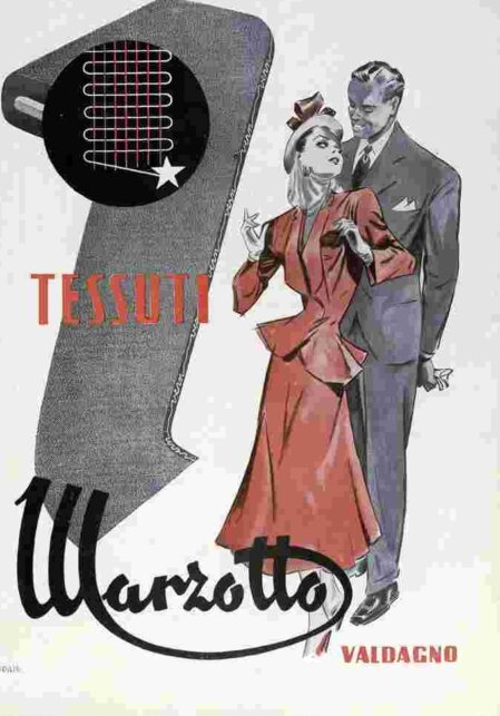 Manifesto pubblicitario vintage dei tessuti Marzotto, con una coppia elegante in abiti sartoriali e un grande rotolo di stoffa sullo sfondo, simbolo della produzione tessile di Valdagno.